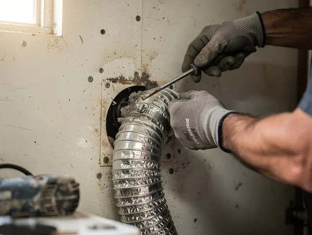 Suffield Dryer Vent Cleaning technician performing precise dryer vent hose installation in Suffield
